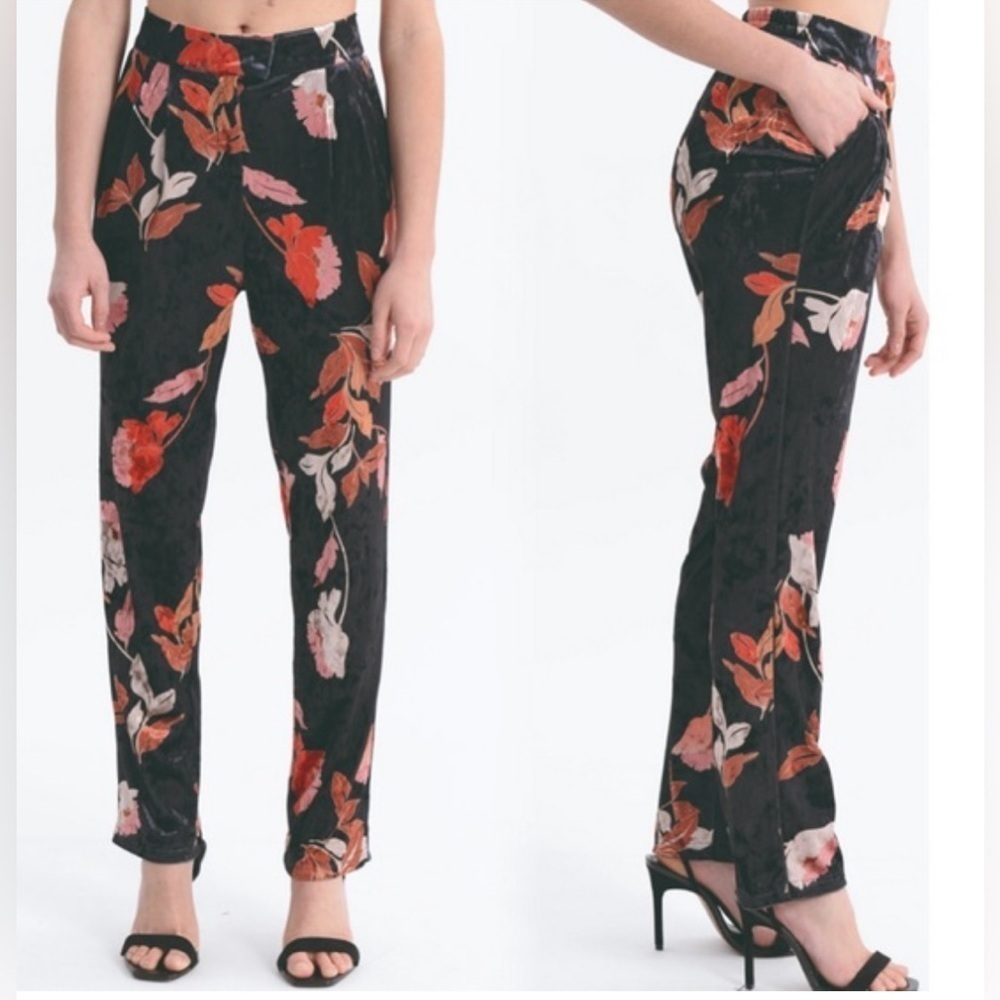 NWOT Molly Bracken Crushed Velvet Trousers M Black & Orange Floral Boho